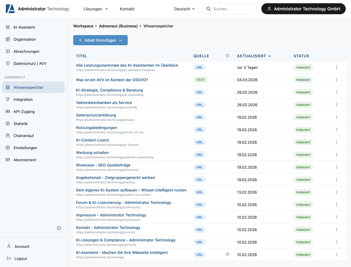 Screenshot des aktuellen Admin-Interfaces vom KI-Assistenten