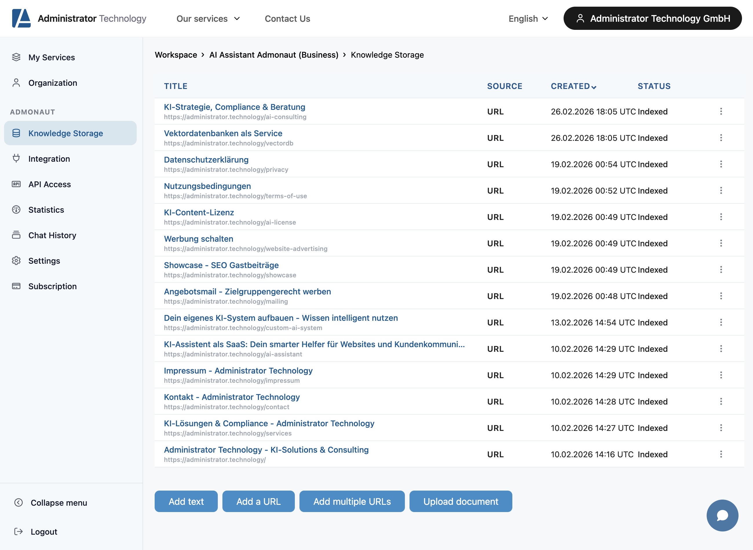 Screenshot of the current AI assistant admin interface