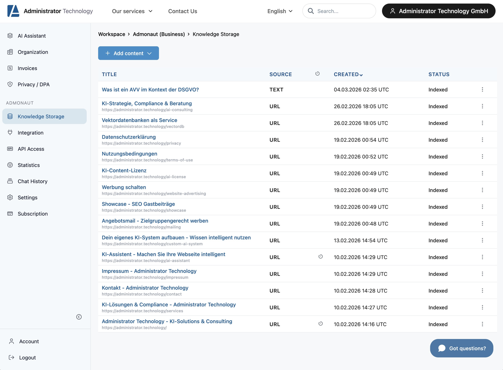 Current AI assistant web interface Screenshot of the current AI assistant admin interface